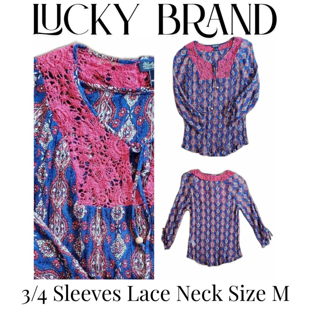 Lucky Brand Women Sheer Blouse 3/4 Sleeves Lace Pattern Neck Size M